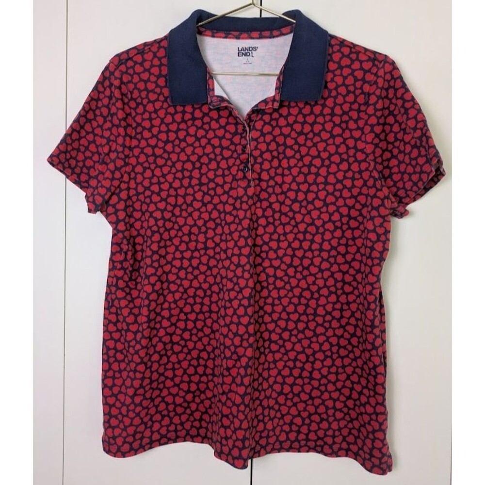 Lands' End Women's Red Heart Polo Large Short Sleeve Pickleball Tennis Golf Top